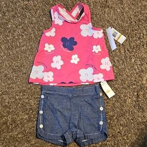 Calvin KLEIN Pink Floral Top and Blue Shorts Set